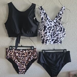 2-Piece Leopard & Solid High Waist Swim Set - Black & Animal Print